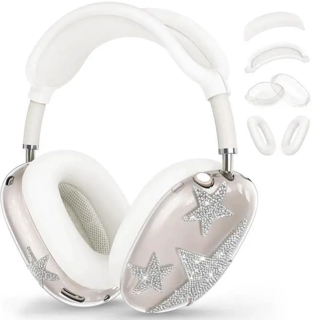Bling Case Cover for AirPods Max, [5 in 1] Silicone Clear Sparkling Soft TPU Earcup/Ear Pad Case/Headband Cover Glittering Rhinestones Stars Accessories for Apple AirPods Max New USB-C (2024), White