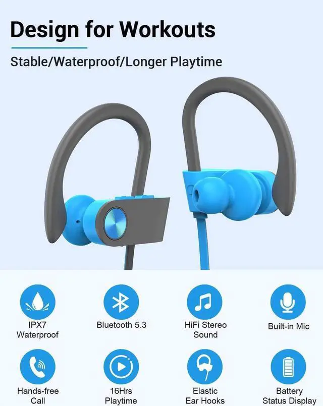 Alt view image 2 of 5 - Stiive Bluetooth Headphones, 5.3 Wireless Sports Earbuds IPX7 Waterproof with Mic, Stereo Sweatproof in-Ear Earphones, Noise Cancelling Headsets for Gym Running Workout, 16 Hour Playtime - Bluegrey