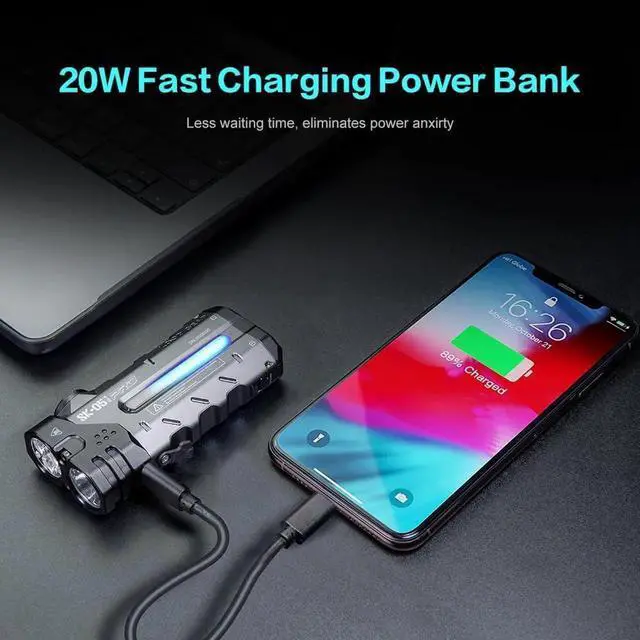 Alt view image 6 of 7 - SK05 Pro Flat LED Flashlight with 8000mAh Power Bank, Sidelight Combines Floodlight and Spotlight, 4360 High Lumens, Rechargeable, Magnetic Tail, IP68 Perfect for Camping, Outdoor Gray -