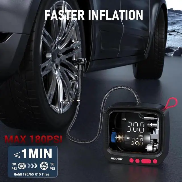 Alt view image 2 of 6 - Tire Inflator Portable Air Compressor, 180 PSI Cordless Air Pump for Car Tires with Dual Digital Pressure Gauge & Auto Shut-Off, Portable Tire Pump for Car, Motorcycle, Bicycle, Ball and More