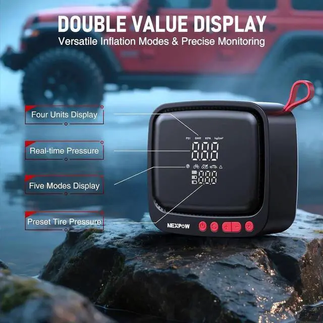 Alt view image 4 of 6 - Tire Inflator Portable Air Compressor, 180 PSI Cordless Air Pump for Car Tires with Dual Digital Pressure Gauge & Auto Shut-Off, Portable Tire Pump for Car, Motorcycle, Bicycle, Ball and More