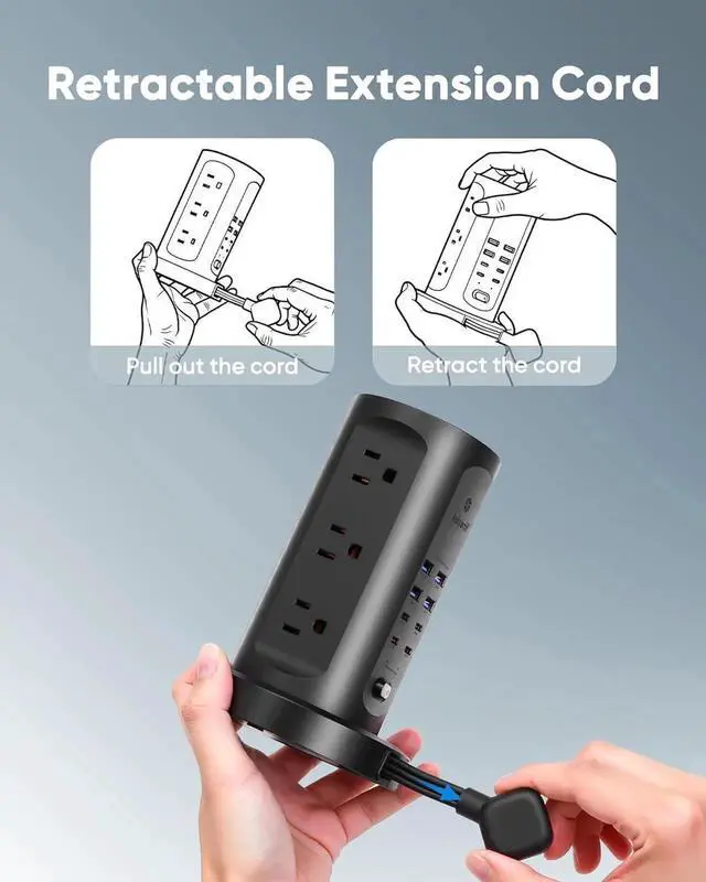 Alt view image 3 of 7 - 115W USB Charging Station, Surge Protector Power Strip Tower, 9 AC Outlets with 8 USB Ports(4 USB-C), 6Ft Flat Plug Retract Extension Cord, for Home Office Dorm, Black