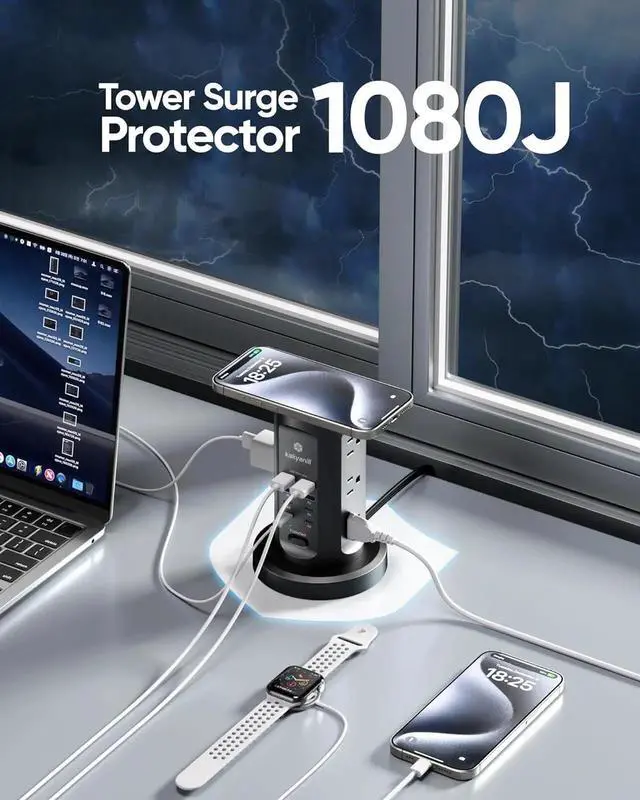 Alt view image 7 of 7 - 115W USB Charging Station, Surge Protector Power Strip Tower, 9 AC Outlets with 8 USB Ports(4 USB-C), 6Ft Flat Plug Retract Extension Cord, for Home Office Dorm, Black