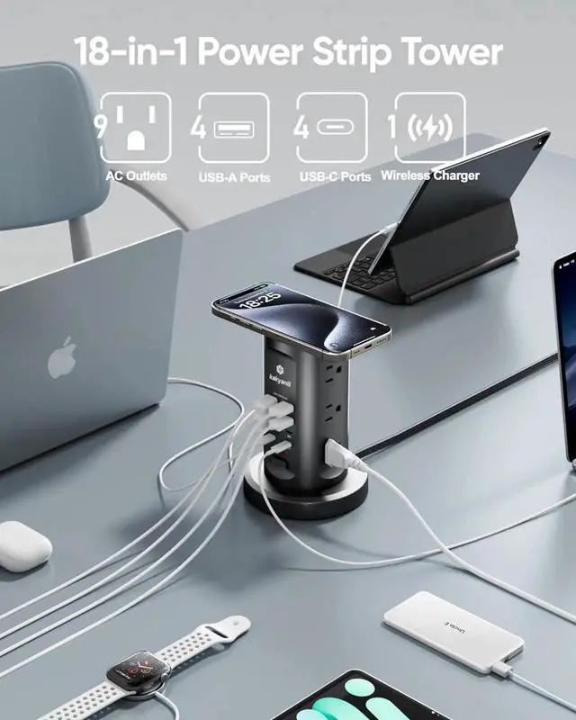 Alt view image 4 of 7 - 115W USB Charging Station, Surge Protector Power Strip Tower, 9 AC Outlets with 8 USB Ports(4 USB-C), 6Ft Flat Plug Retract Extension Cord, for Home Office Dorm, Black