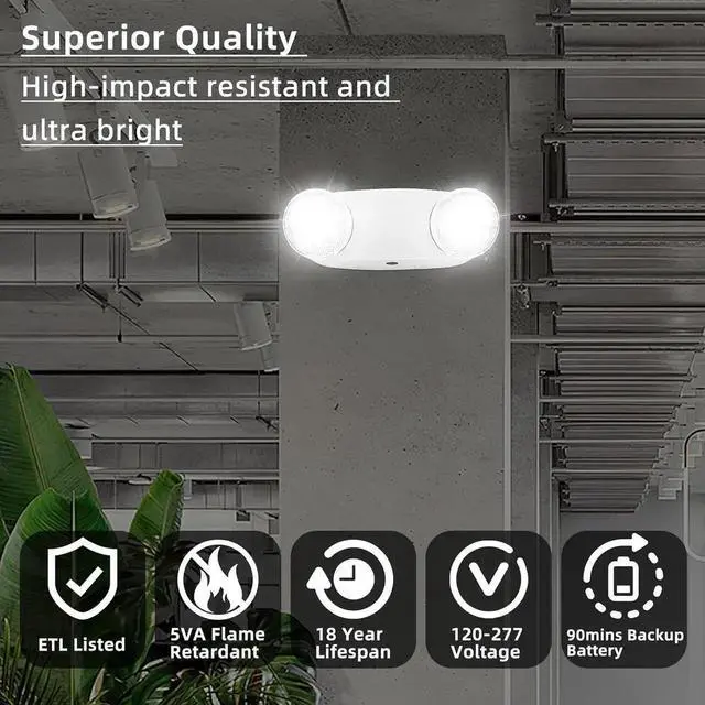 Alt view image 3 of 7 - RMC LED Emergency Lights with Battery Backup, Two Head Adjustable Commercial Emergency Lighting, AC120-277V, Hardwired Emergency Exit Light Fixtures for Home and Business, ETL Listed, 2 Pack