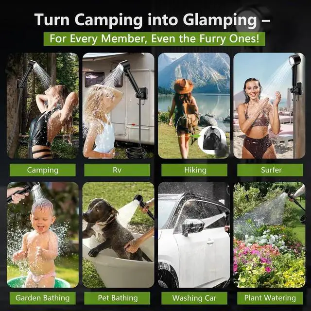 Alt view image 7 of 7 - Portable Camping Shower with 8000mAh Rechargeable Battery - Lightweight Outdoor Shower Pump with 2.5m Hose, Hook & Suction Cup, for Van Life, RV, Pet, Hiking, Beach, Festival Use
