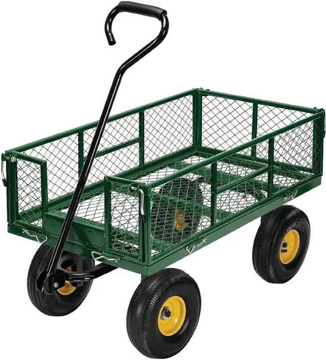 Main image of Garden Cart Heavy Duty Steel with Removable Mesh Sides to Convert into Flatbed, Utility Carts with Wheels, Yard and Garden Wagon, 600 Lb, Green