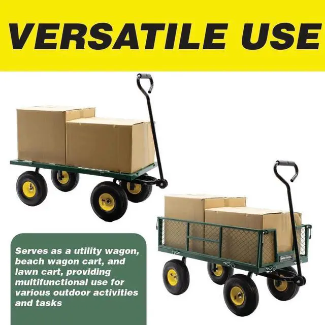 Alt view image 6 of 7 - Garden Cart Heavy Duty Steel with Removable Mesh Sides to Convert into Flatbed, Utility Carts with Wheels, Yard and Garden Wagon, 600 Lb, Green