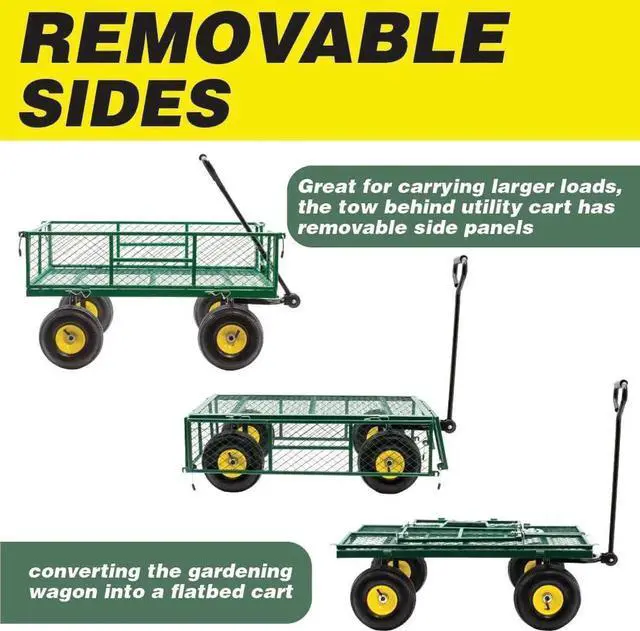 Alt view image 4 of 7 - Garden Cart Heavy Duty Steel with Removable Mesh Sides to Convert into Flatbed, Utility Carts with Wheels, Yard and Garden Wagon, 600 Lb, Green