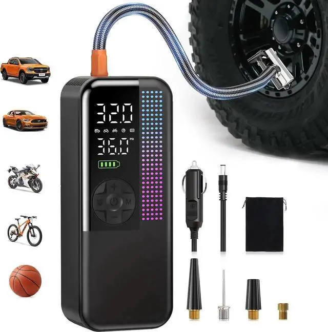 Main image of Tire Inflator Portable Air Compressor, 150 PSI Cordless Air Pump, Dual Power 6000mAh, 12V DC Car Plug, Fast Inflation 24L/Min, Auto Shut-Off, LED Light, 4 Preset Modes for Car, Bike, Motorcycle, Balls