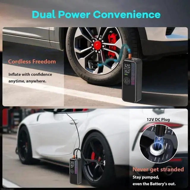 Alt view image 3 of 7 - Tire Inflator Portable Air Compressor, 150 PSI Cordless Air Pump, Dual Power 6000mAh, 12V DC Car Plug, Fast Inflation 24L/Min, Auto Shut-Off, LED Light, 4 Preset Modes for Car, Bike, Motorcycle, Balls