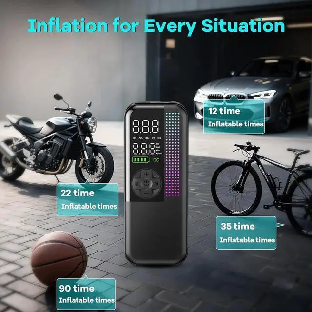 Alt view image 7 of 7 - Tire Inflator Portable Air Compressor, 150 PSI Cordless Air Pump, Dual Power 6000mAh, 12V DC Car Plug, Fast Inflation 24L/Min, Auto Shut-Off, LED Light, 4 Preset Modes for Car, Bike, Motorcycle, Balls