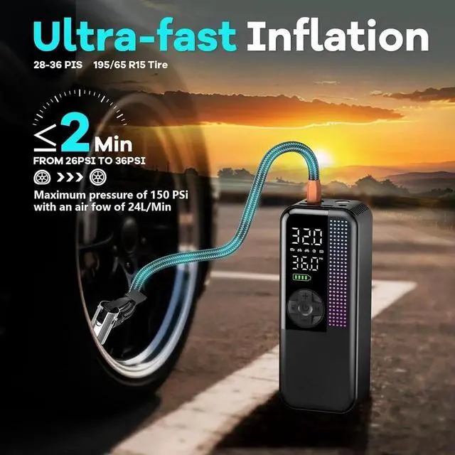 Alt view image 5 of 7 - Tire Inflator Portable Air Compressor, 150 PSI Cordless Air Pump, Dual Power 6000mAh, 12V DC Car Plug, Fast Inflation 24L/Min, Auto Shut-Off, LED Light, 4 Preset Modes for Car, Bike, Motorcycle, Balls