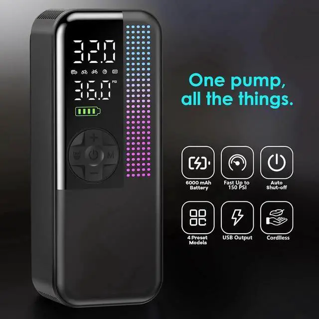 Alt view image 6 of 7 - Tire Inflator Portable Air Compressor, 150 PSI Cordless Air Pump, Dual Power 6000mAh, 12V DC Car Plug, Fast Inflation 24L/Min, Auto Shut-Off, LED Light, 4 Preset Modes for Car, Bike, Motorcycle, Balls