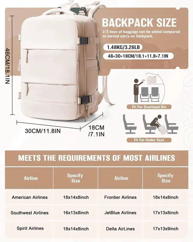 Alt view image 2 of 5 - VENATIN Vacuum Backpack Travel with Pump,Flight Approved 18x14x8 inches Personal Item Travel Bag Travel Backpack with Vacuum System,Flight Approved 18x14x8 inches Laptop Bag,off-white