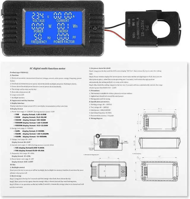 Alt view image 2 of 7 - 2 Pieces AC Power Meter AC 80-260V 100A Crs-022b LCD Digital Voltage and Current Monitor Meter Power Voltmeter Ammeter with 100A Current Split Core Transformer CT