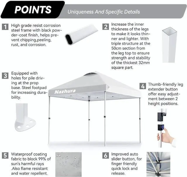 Alt view image 5 of 6 - 10' x 10' Pop Up Canopy Tent with Sand Weight Bag, Freestanding Sun Shelter for Picnic and Camping, One Person Setup and Height Adjustable (White)