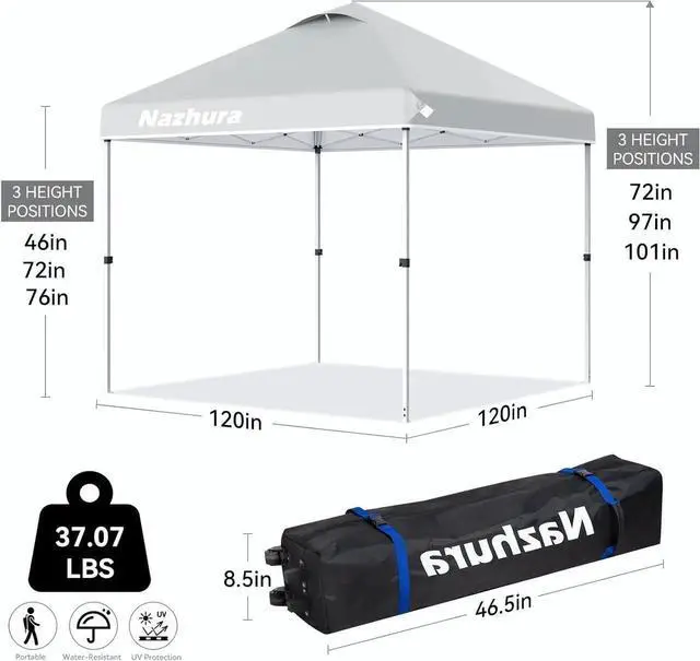 Alt view image 4 of 6 - 10' x 10' Pop Up Canopy Tent with Sand Weight Bag, Freestanding Sun Shelter for Picnic and Camping, One Person Setup and Height Adjustable (White)