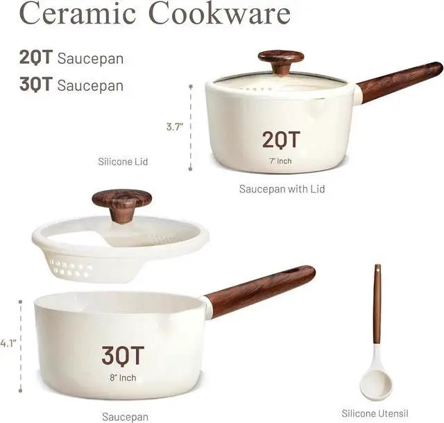 Alt view image 2 of 6 - 2QT & 3QT Sauce Pan Sets with Lid & Ladle Ceramic Nonstick Pot Set Non Toxic Saucepan Small Kitchen Cooking Pots, Easy to Clean, Induction Comptable, PFAS PTFE Free