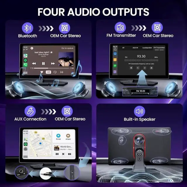 Alt view image 6 of 7 - 9'' HD Portable Carplay Screen for Car with 4K Dash Cam & 1080P Backup Camera DVR, Car Audio Receivers with Carplay & Android Auto Touch Screen, GPS Navigation, Mirror Link, Voice Control