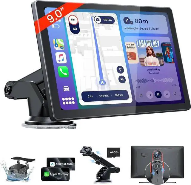 Main image of 9'' HD Portable Carplay Screen for Car with 4K Dash Cam & 1080P Backup Camera DVR, Car Audio Receivers with Carplay & Android Auto Touch Screen, GPS Navigation, Mirror Link, Voice Control