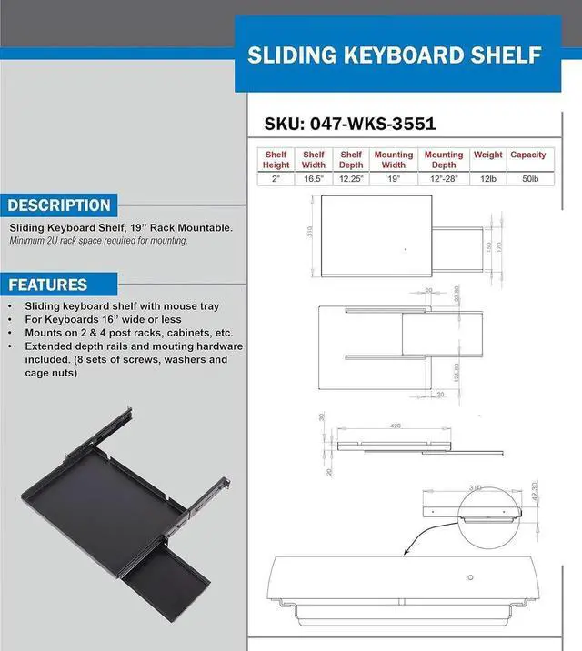 Alt view image 3 of 3 - Vertical Cable Sliding Keyboard Shelf for 16" Keyboards - 19" Rack-Mountable - 2U Rack Space