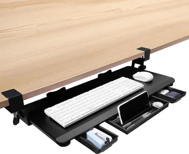 Main image of Large Keyboard Tray Under Desk Slide Out with Sturdy C-Clamp Mount and Storage Drawer, 27" (31" Including Clamps) x 12" Ergonomic Keyboard Trays for Home and Office, Black