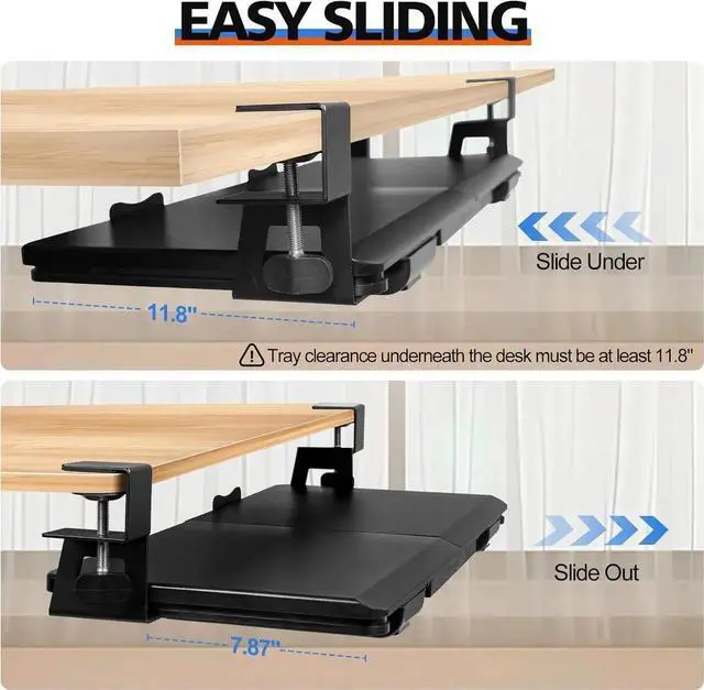 Alt view image 3 of 7 - Large Keyboard Tray Under Desk Slide Out with Sturdy C-Clamp Mount and Storage Drawer, 27" (31" Including Clamps) x 12" Ergonomic Keyboard Trays for Home and Office, Black