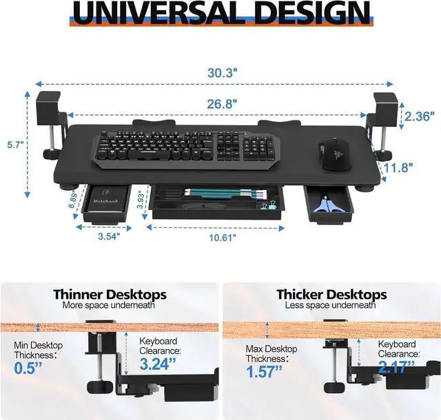 Alt view image 7 of 7 - Large Keyboard Tray Under Desk Slide Out with Sturdy C-Clamp Mount and Storage Drawer, 27" (31" Including Clamps) x 12" Ergonomic Keyboard Trays for Home and Office, Black