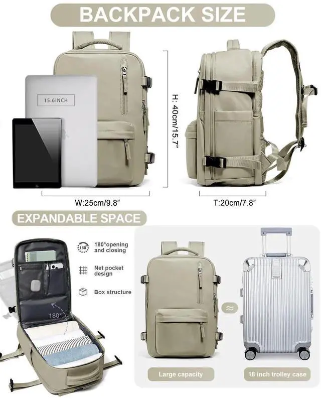 Alt view image 3 of 5 - Travel Backpack Women,Carry On Backpack Flight Approved 18x14x8 inches Bag Spirit Airlines Personal ltem,College Sports Hiking Rucksack Waterproof Outdoor Casual Daypack Laptop Blackpack Men,Brown