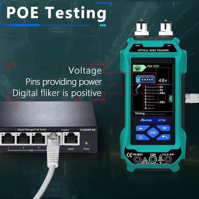 Alt view image 4 of 7 - Network Cable Tester, ET738 2 in 1 Cable Tester with Digital Multimeter Functions Design of 6dBm to 70dBm Optical Power Meter with 3.2" LCD