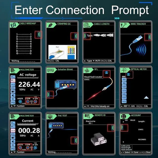 Alt view image 7 of 7 - Network Cable Tester, ET738 2 in 1 Cable Tester with Digital Multimeter Functions Design of 6dBm to 70dBm Optical Power Meter with 3.2" LCD
