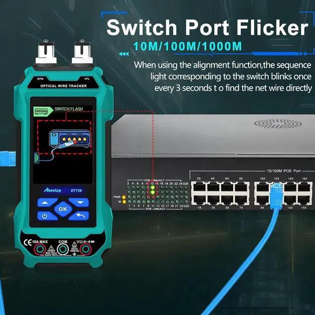 Alt view image 2 of 7 - Network Cable Tester, ET738 2 in 1 Cable Tester with Digital Multimeter Functions Design of 6dBm to 70dBm Optical Power Meter with 3.2" LCD