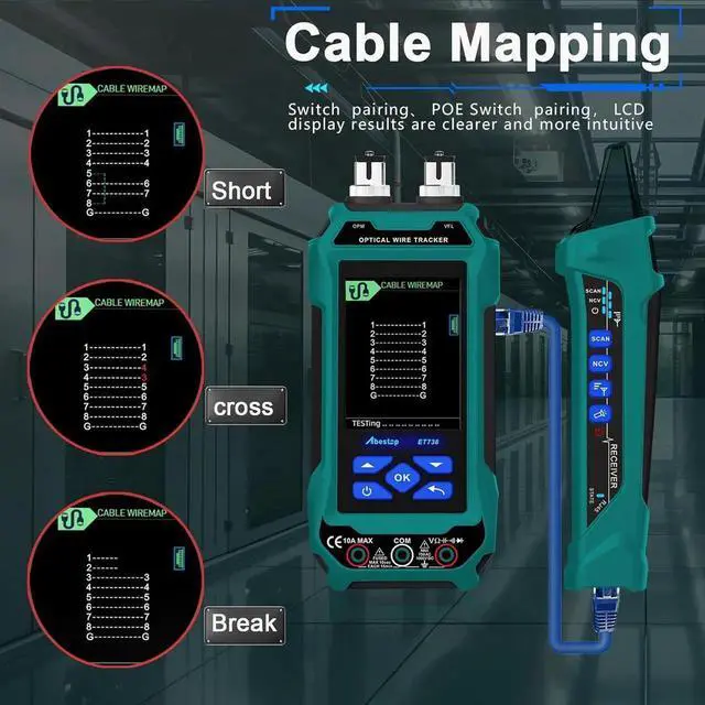Alt view image 6 of 7 - Network Cable Tester, ET738 2 in 1 Cable Tester with Digital Multimeter Functions Design of 6dBm to 70dBm Optical Power Meter with 3.2" LCD
