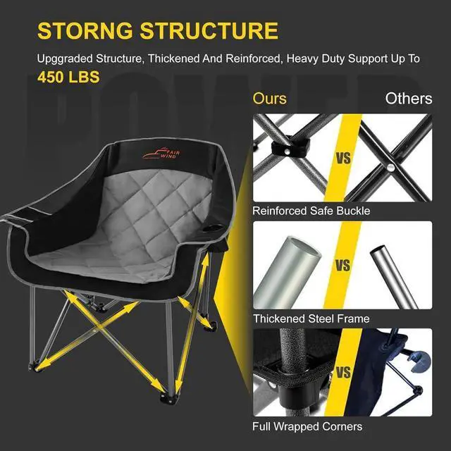 Alt view image 2 of 6 - 2 Pack Oversized Padded Camping Chair Heavy Duty Quad Fold Arm Chair Portable for Outdoor - Support 450LBS, Black
