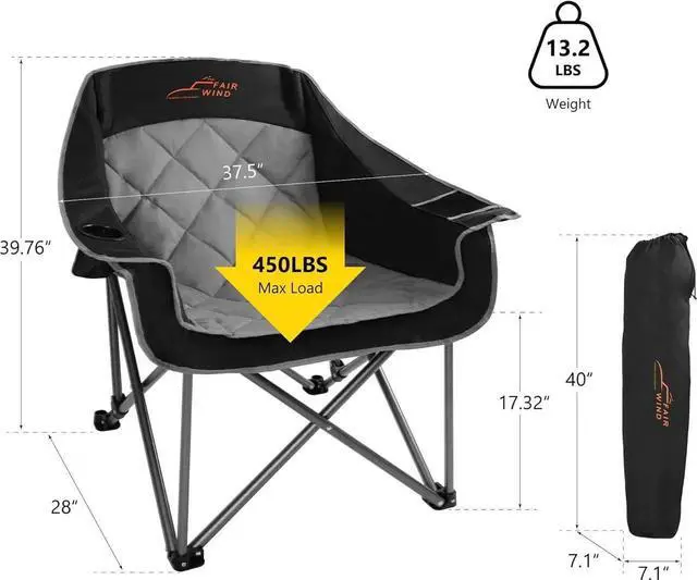 Alt view image 6 of 6 - 2 Pack Oversized Padded Camping Chair Heavy Duty Quad Fold Arm Chair Portable for Outdoor - Support 450LBS, Black