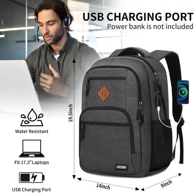 Alt view image 4 of 5 - Black Backpacks for Men, Backpack for School, School Backpack for Boys Teens, 17.3 inch Laptop Back Pack with USB Charging Port, College Book Bag, Business Work Travel Bookbag, mochilas para hombres