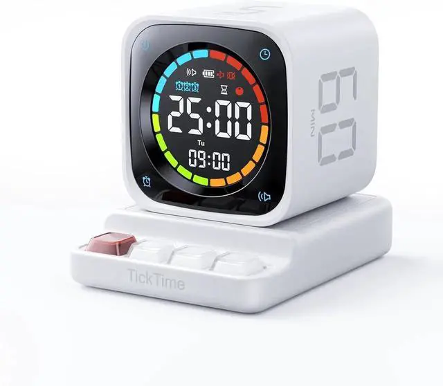Main image of TK3 Pomodoro Timer Cube, Desk Productivity Timer with 5/10/30/60 Min Presets, Custom Countdown, Stopwatch, Clock, 3 Alarm, Silent, Vibrate & Sound Alert, for Task, ADHD, Study, Kitchen, White