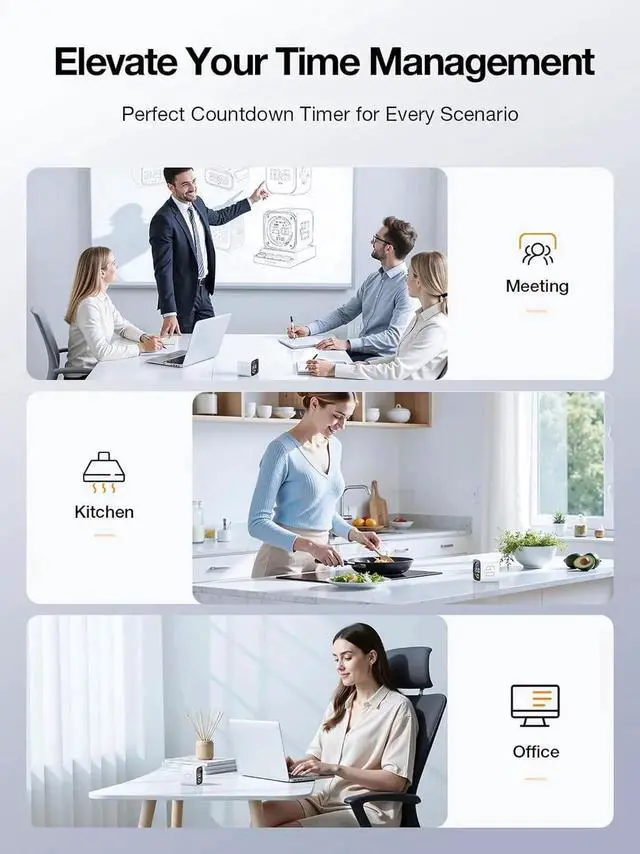 Alt view image 4 of 7 - TK3 Pomodoro Timer Cube, Desk Productivity Timer with 5/10/30/60 Min Presets, Custom Countdown, Stopwatch, Clock, 3 Alarm, Silent, Vibrate & Sound Alert, for Task, ADHD, Study, Kitchen, White