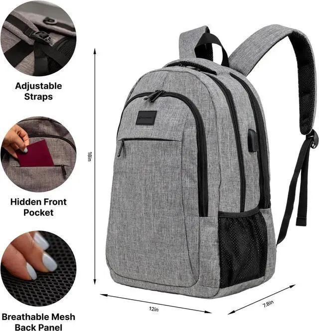 Alt view image 5 of 5 - (Not Made In China) Bookbag For Men Women, Travel Laptop Backpack w/Anti-Theft Compartments, Airline Approved Travel Bag, Slim Carry On Personal Item, Holds 15.6 Inch Computer, USB Charging Port