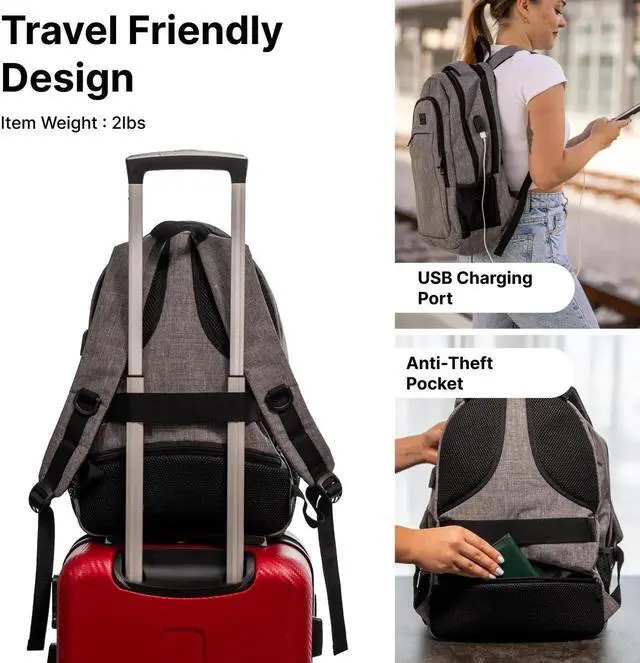 Alt view image 3 of 5 - (Not Made In China) Bookbag For Men Women, Travel Laptop Backpack w/Anti-Theft Compartments, Airline Approved Travel Bag, Slim Carry On Personal Item, Holds 15.6 Inch Computer, USB Charging Port
