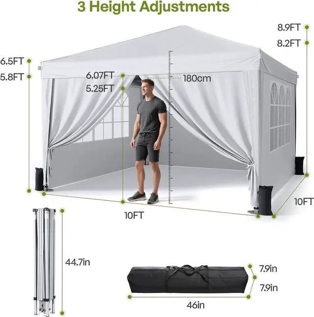 Alt view image 3 of 7 - 10x10 Pop Up Canopy with Sidewalls, Outdoor Instant Canopy Tent with Carry Bag for Commercial Events, Camping, Backyard Parties - White