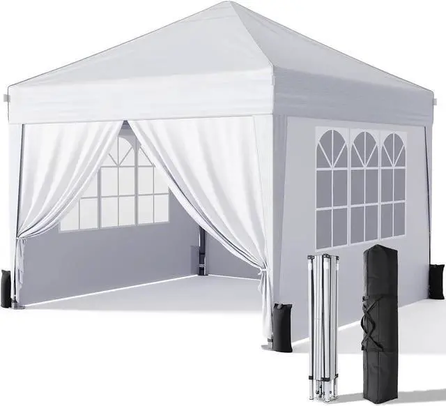 Alt view image 7 of 7 - 10x10 Pop Up Canopy with Sidewalls, Outdoor Instant Canopy Tent with Carry Bag for Commercial Events, Camping, Backyard Parties - White
