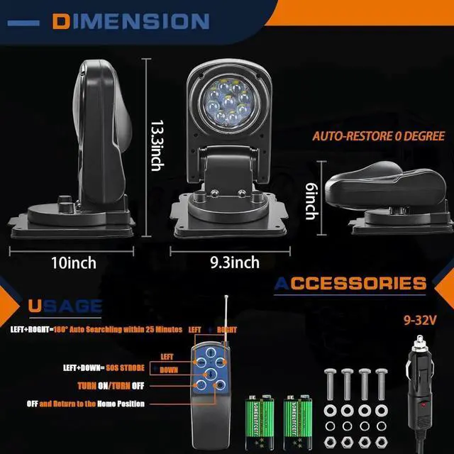 Alt view image 6 of 6 - Remote LED Spot Lights for Trucks, Auto-Return 360 Rotating Search Light for Truck Marine Spotlight 180 Folding Backup Lights 12V 24V, Permanent Mount