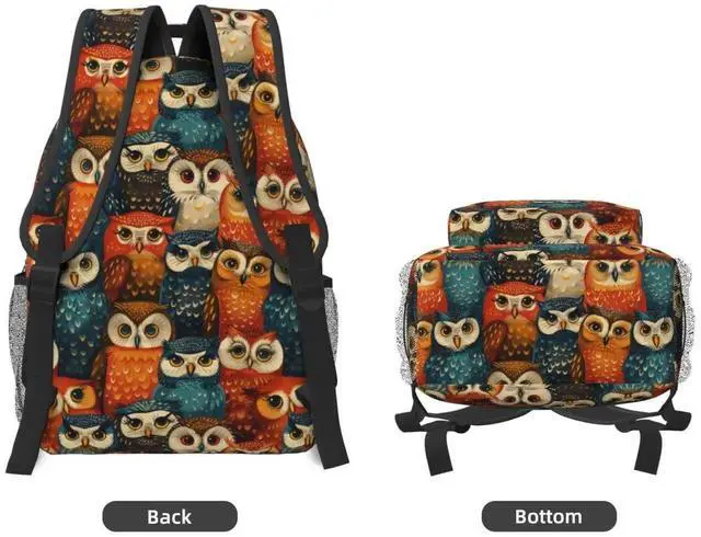 Alt view image 3 of 5 - Colorful Owl Backpack, School Laptop Travel Polyester Whimsical Owls Backpacks for Women Kids, Sports Work Back Pack Casual Daypack, Lightweight Rucksack Gifts for Hiking Camping Gym