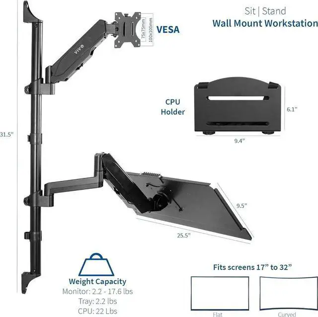 Alt view image 7 of 7 - Black Sit-Stand Height Adjustable Pneumatic Spring Arm Keyboard, Monitor, CPU Wall Mount for 1 Screen up to 32 inches STAND-SIT1BW