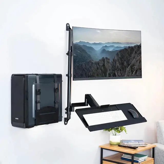 Alt view image 6 of 7 - Black Sit-Stand Height Adjustable Pneumatic Spring Arm Keyboard, Monitor, CPU Wall Mount for 1 Screen up to 32 inches STAND-SIT1BW