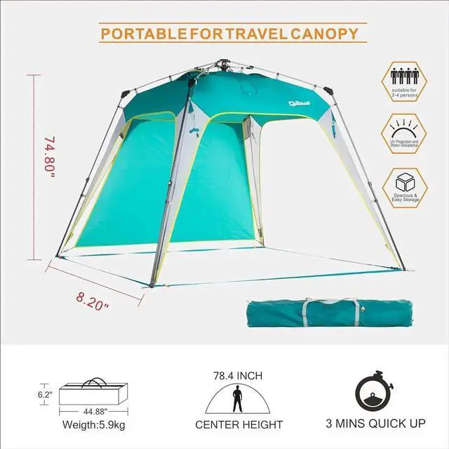Alt view image 4 of 7 - 8.2'x8.2' Pop Up Canopy Tent Easy One Person Setup Instant Outdoor Beach Canopy Folding Portable Sports Shelter with 1 Sidewall - Turquoise