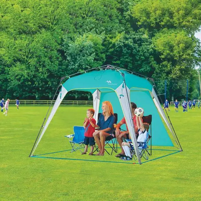 Alt view image 2 of 7 - 8.2'x8.2' Pop Up Canopy Tent Easy One Person Setup Instant Outdoor Beach Canopy Folding Portable Sports Shelter with 1 Sidewall - Turquoise
