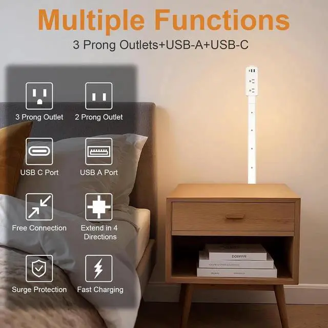 Alt view image 2 of 7 - Electrical Outlet Extender Stick-with 2 USB-A,USB-C and 2 AC Outlet Extender,Power Strips Extend 6", 15.3", 24.5", 34" for Behind Couches,Bed